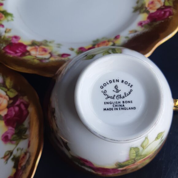 1940s Royal Chelsea Cake Plate, Teacup & Saucer, Golden Rose Bone China Vintage - Picture 8 of 14